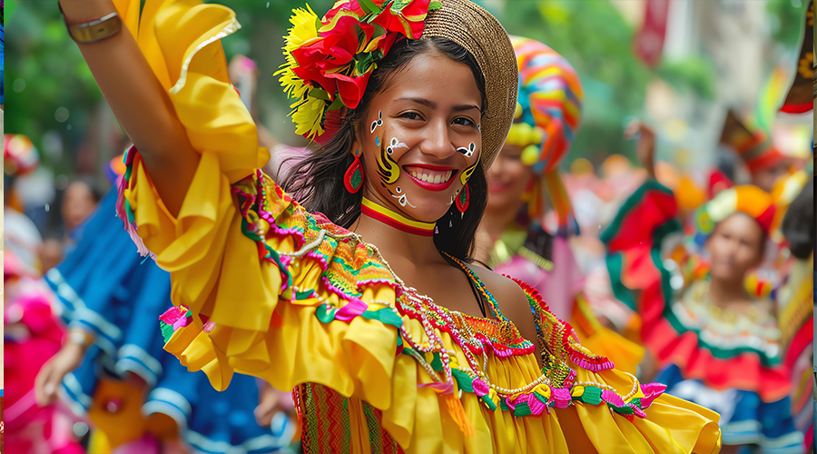 Smiling Colombian festival dancer wearing traditional yellow dress