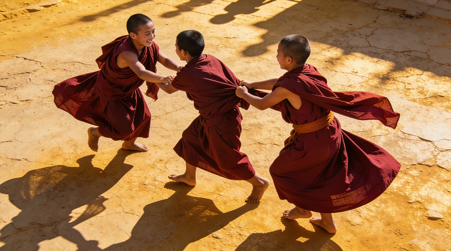 Three young Buddhist monks in crimson robes playing playfully outside.
