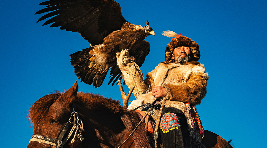 Kazakh hunter holding golden eagle during Golden Eagle Festival.