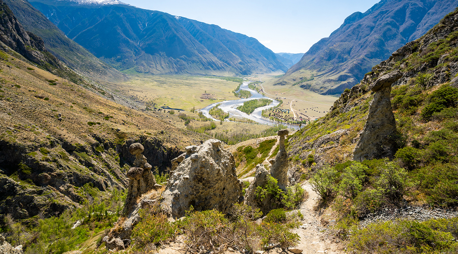 Scenic mountain valley landscape in the Altai Mountains region.