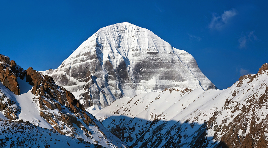 The snow-covered peak of Mount Kailash in Tibet.