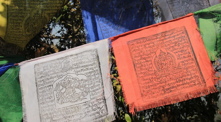 Close up of colorful Buddhist Tibetan prayer flags with symbols.