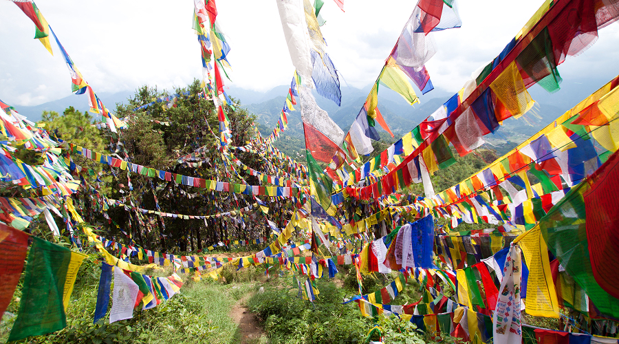 Colorful Tibetan prayer flags fluttering across a scenic mountain pass.