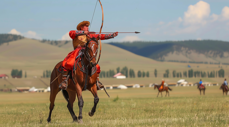 Local horseman practicing mounted archery on the Mongolian steppe.