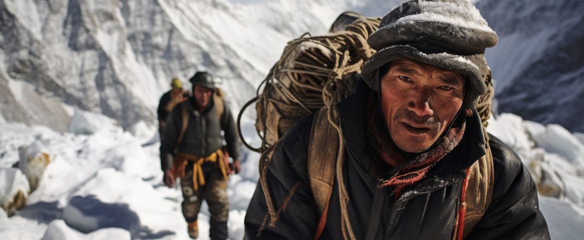 Sherpa porter carrying heavy gear through snowy Himalayan terrain