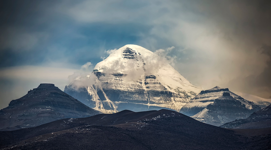 Snow-covered summit of Mount Kailash, a famous sacred peak.