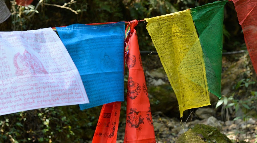 Vibrant Tibetan prayer flags hanging on ropes outdoors.